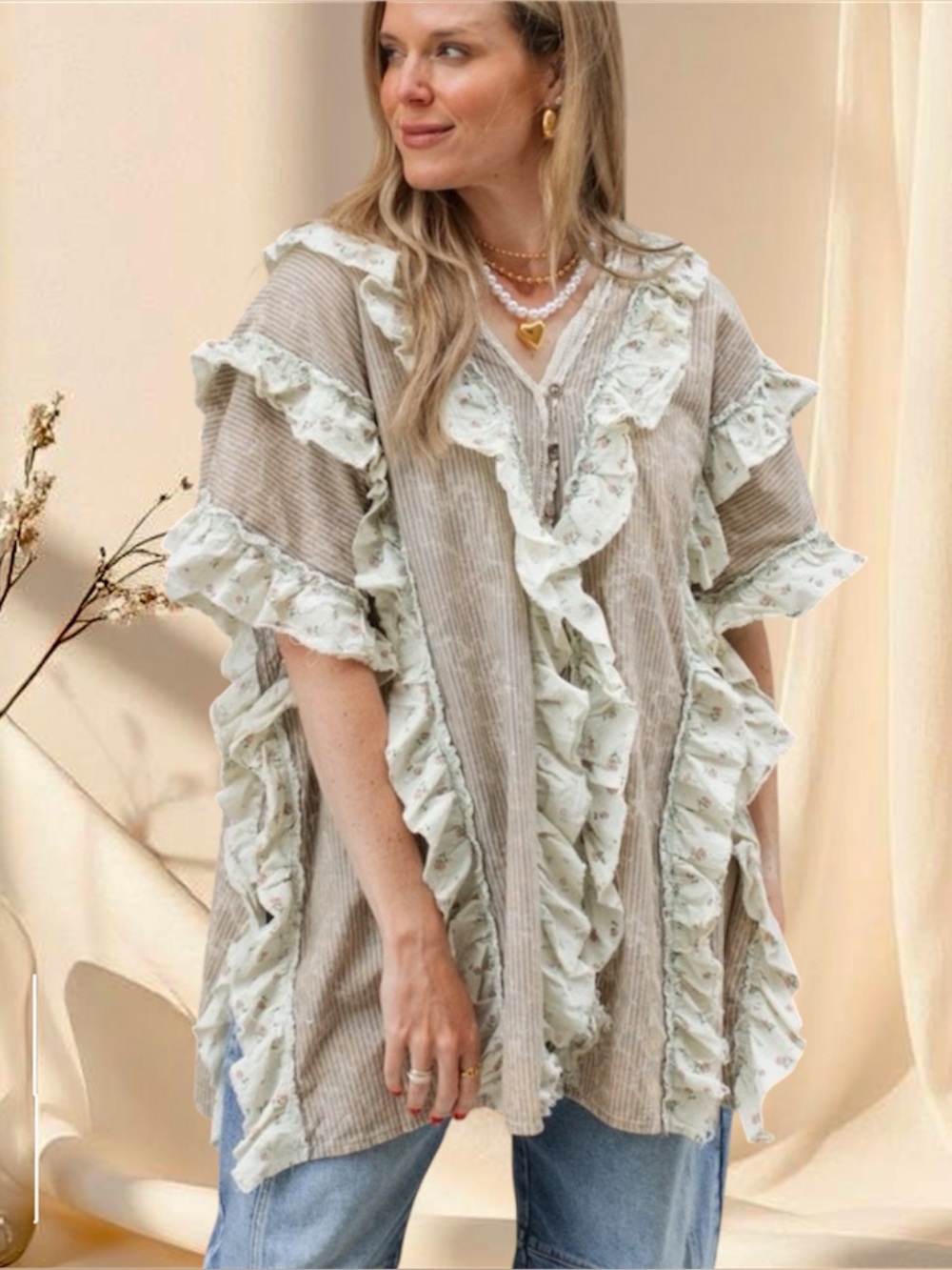 LAST ONE Oli & Hali Ruffle Trim Button Down Stripe & Floral Top